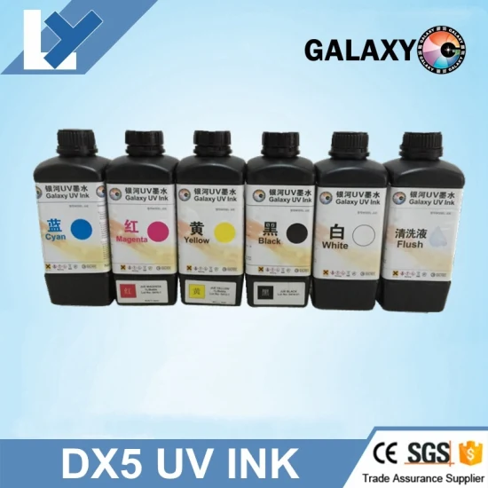 Encre UV Galaxy 5 couleurs CMYKW 1000 ml Encre UV Galaxy pour tête d'impression Dx5 Fabriquée au Japon Encre de sérigraphie UV Galaxy pour impression métallique Imprimante à jet d'encre UV