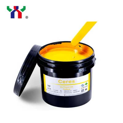 Encre d'impression flexo UV/LED Ceres à forte force adhésive de haute qualité pour l'impression de papier et d'étiquettes (matériaux PP, PET), couleur jaune, 5 kg/baril